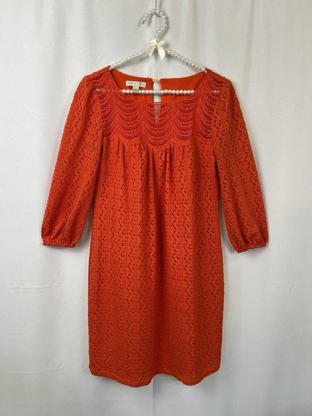 London Times Eyelet Dress Women’s Sz 4 Lined Orange With Lace Top Cottage Core